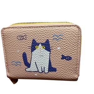 Cute Cat Double Zip Wallet Womens Small Pink New